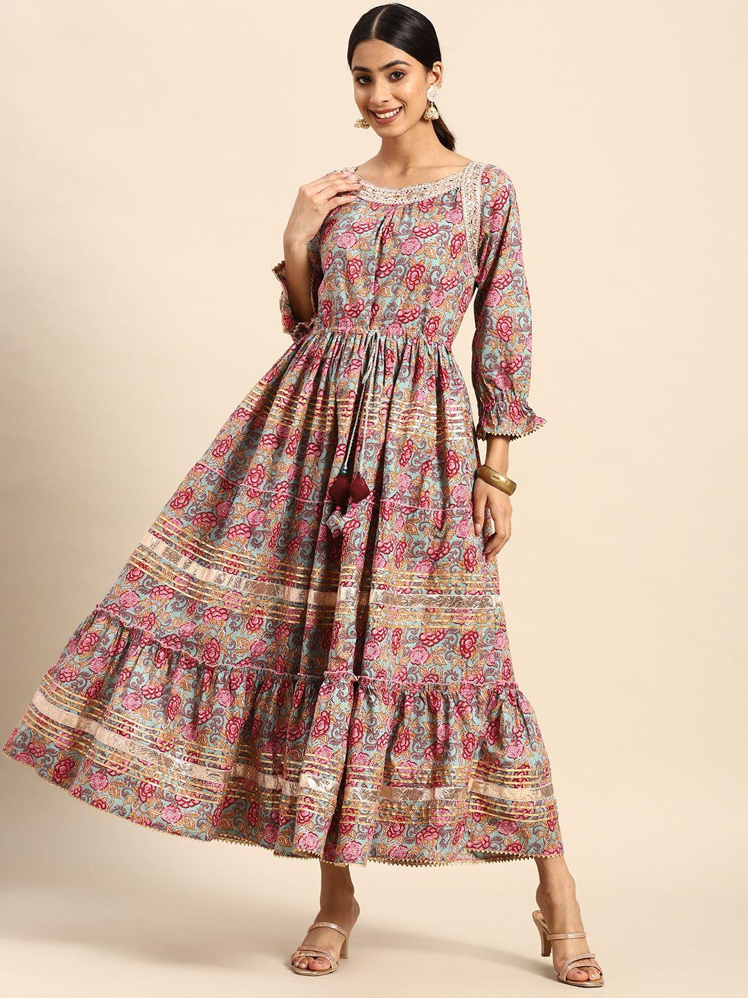 rangmayee floral print puff sleeves embellished tiered maxi ethnic dress