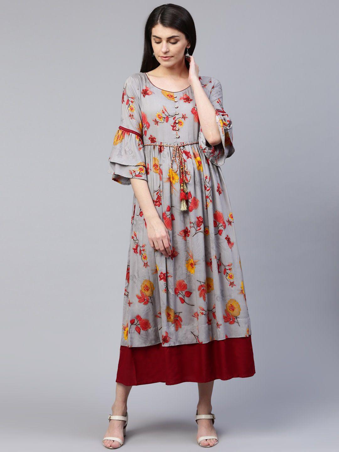 rangmayee floral printed bell sleeve layered maxi dress