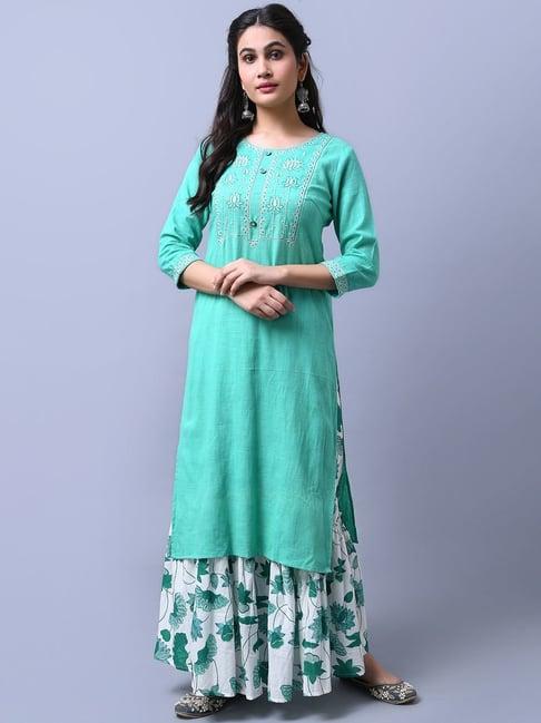 rangmayee green & white cotton embroidered kurta skirt set