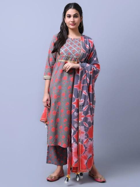 rangmayee grey & red cotton floral print kurta palazzo set with dupatta