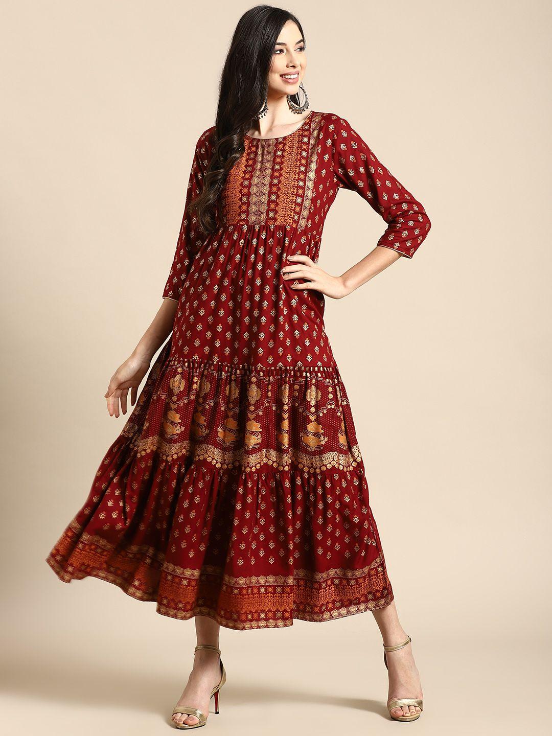 rangmayee maroon & gold-toned floral printed tiered liva ethnic a-line maxi ethnic dress