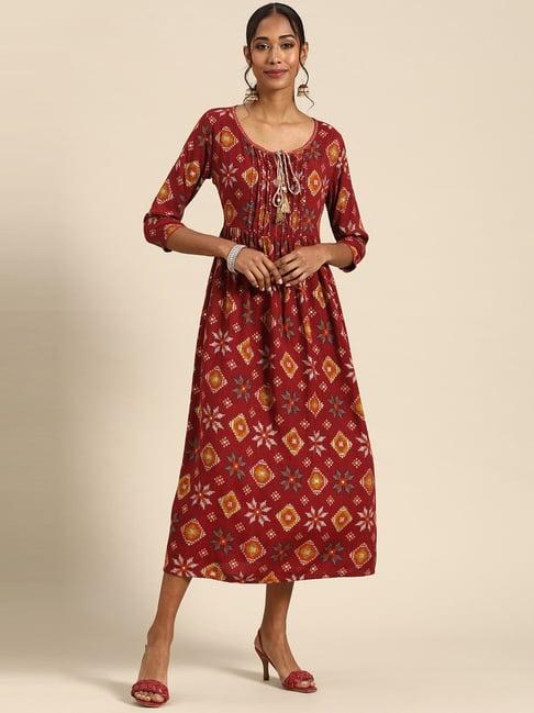 rangmayee maroon floral print a-line dress