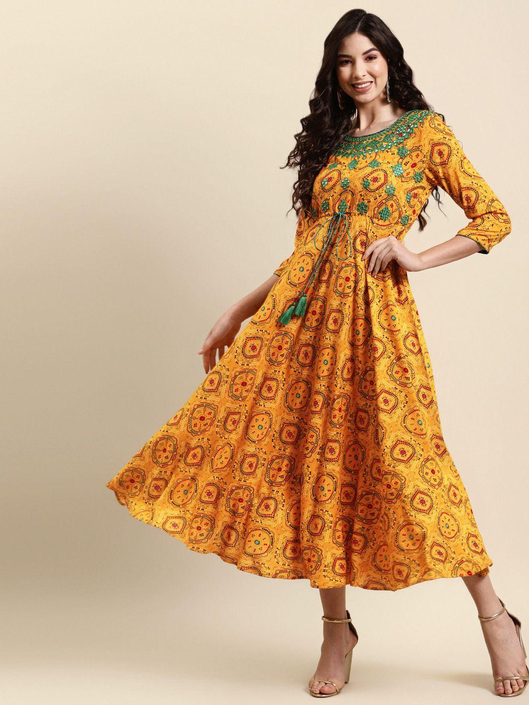 rangmayee mustard yellow & green ethnic motifs ethnic a-line midi dress