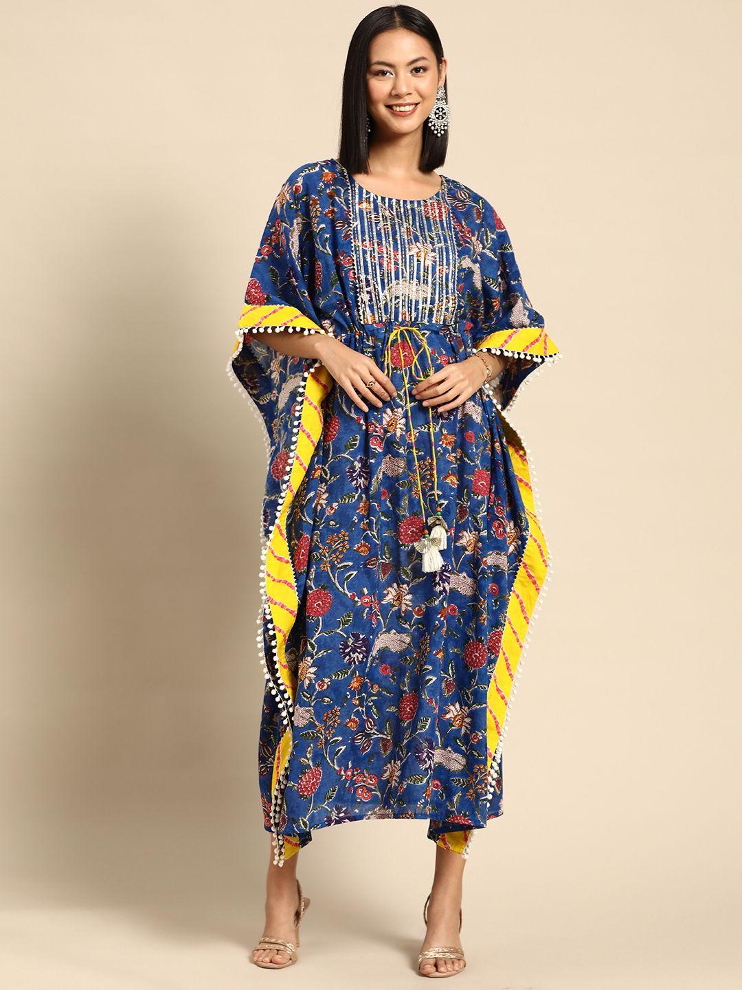rangmayee navy blue & yellow floral ethnic kaftan cotton midi dress