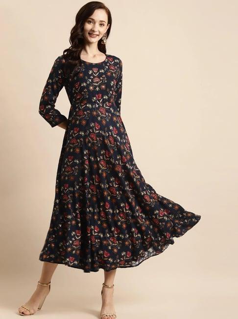 rangmayee navy floral print a-line dress