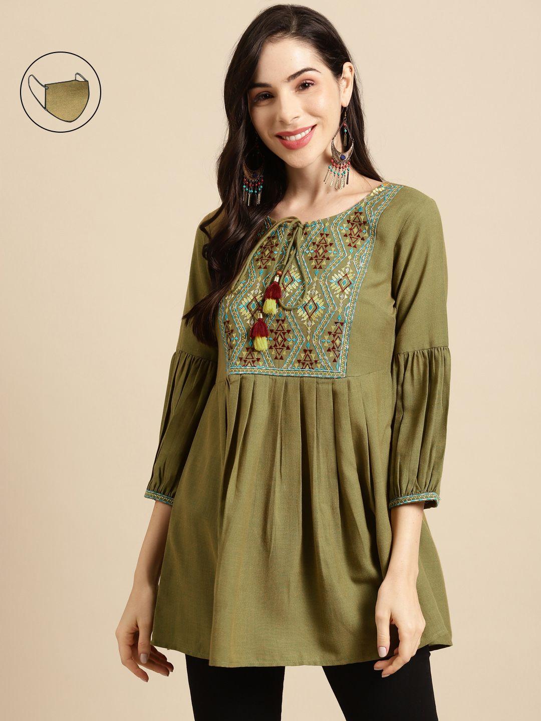 rangmayee olive green ethnic motifs embroidered gathered tunic with mask