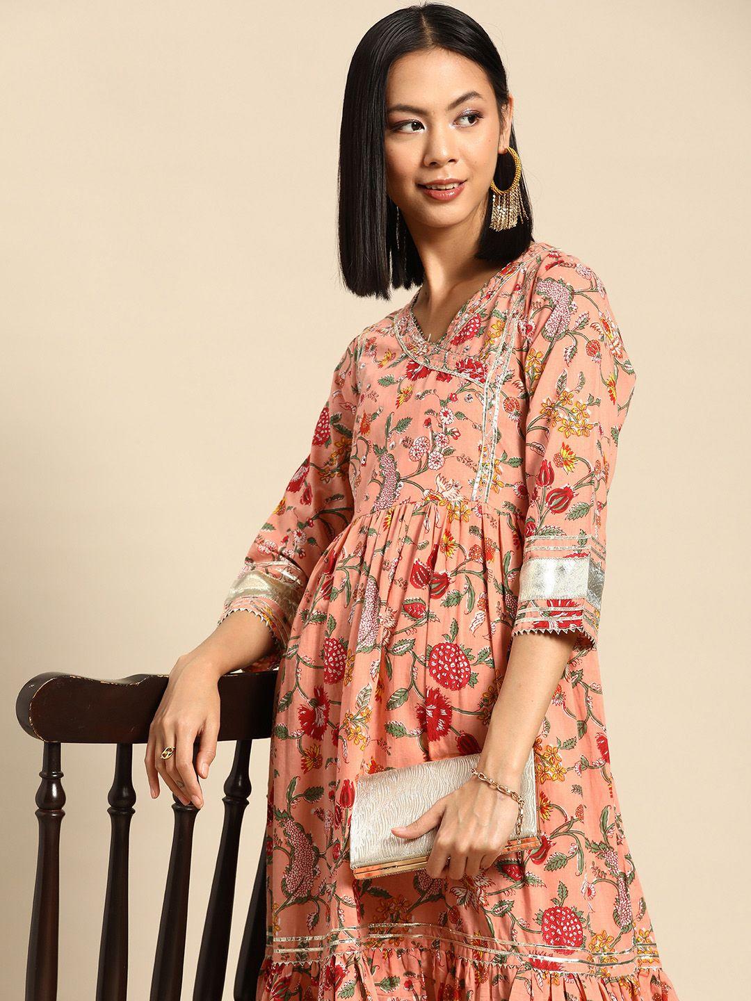 rangmayee peach-coloured & red floral ethnic a-line cotton maxi dress