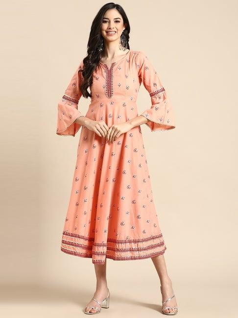 rangmayee peach cotton printed a-line dress