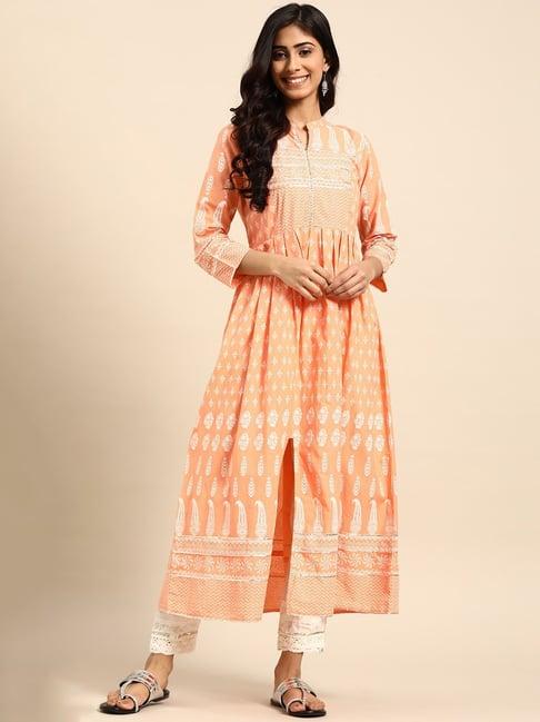 rangmayee peach floral anarkali kurta