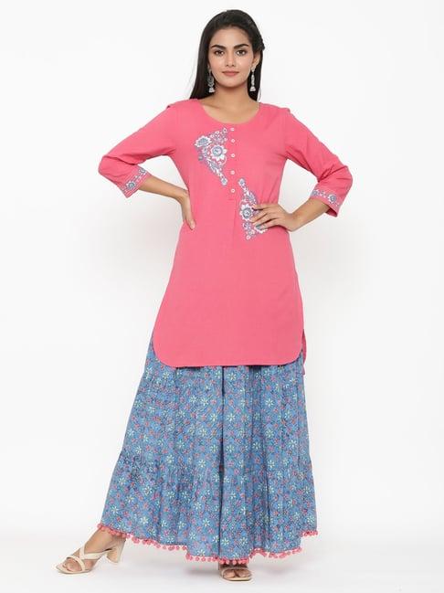 rangmayee pink & blue cotton embroidered kurta skirt set