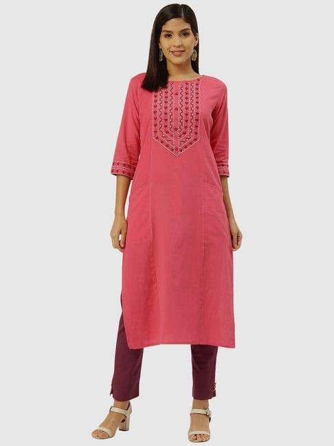 rangmayee pink & brown cotton embroidered kurta pant set