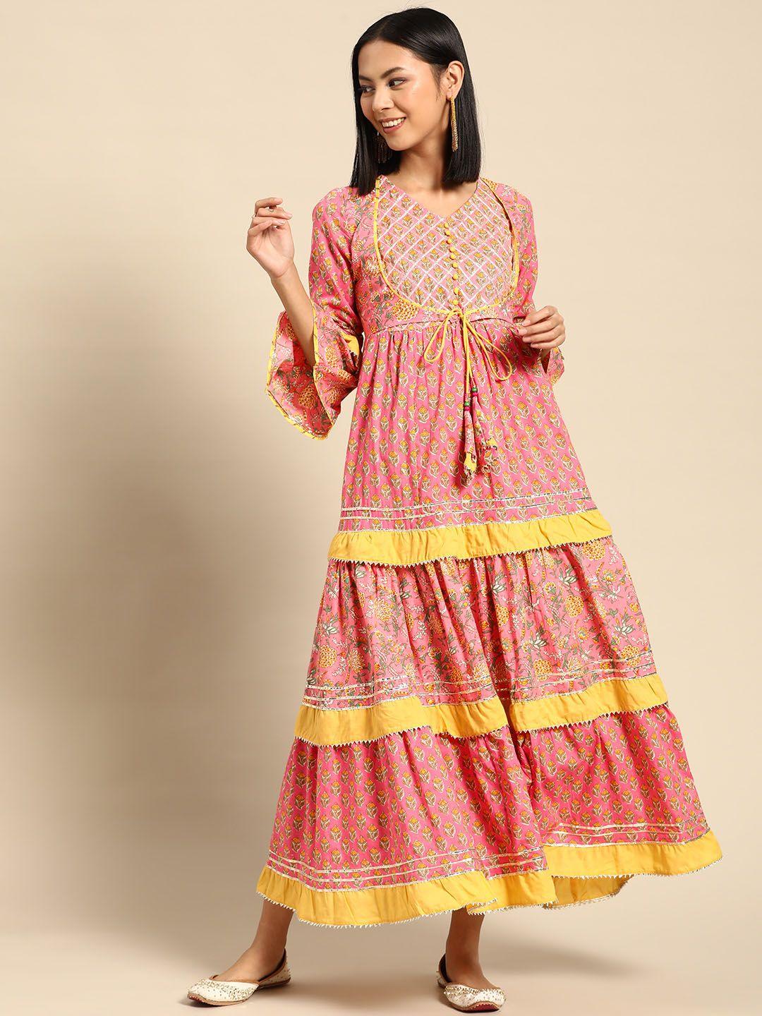 rangmayee pink & yellow floral ethnic a-line cotton maxi dress