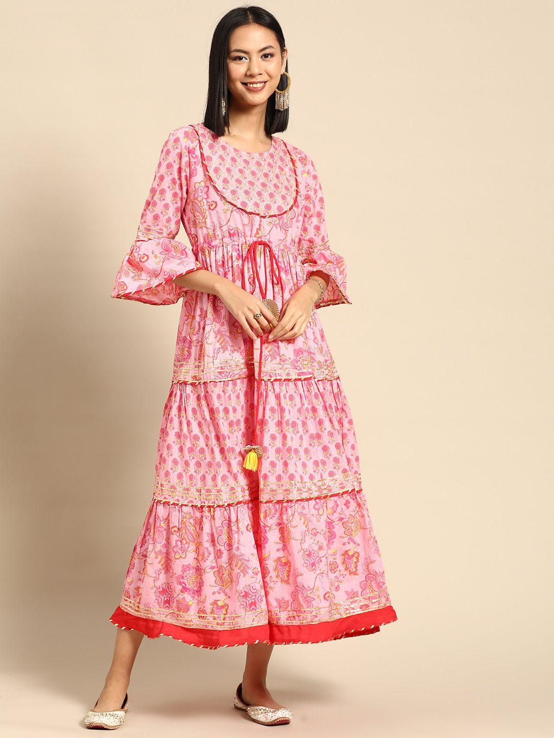 rangmayee pink floral ethnic a-line cotton midi dress