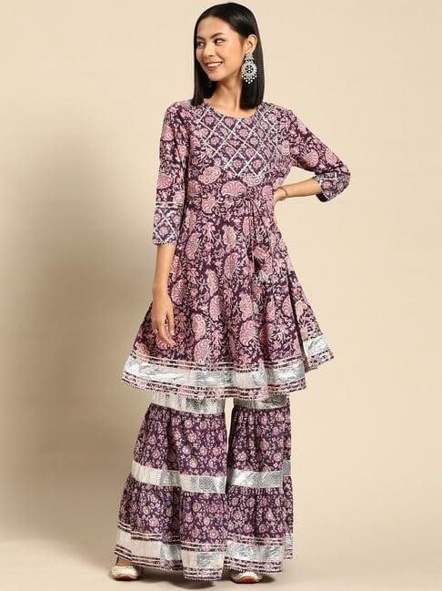 rangmayee purple cotton floral print kurti sharara set