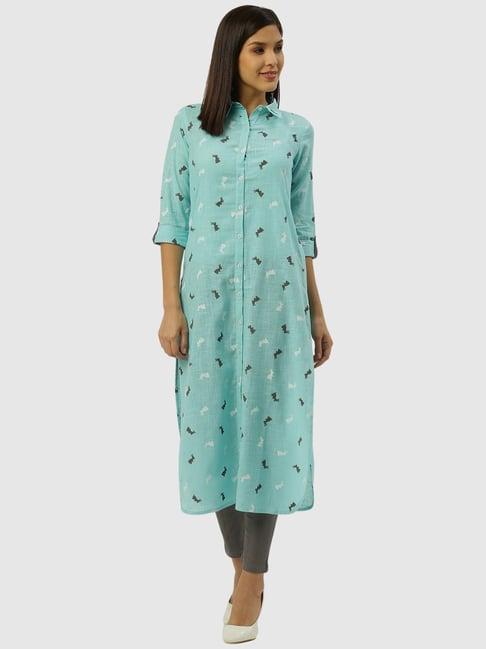 rangmayee sky blue cotton printed straight kurta