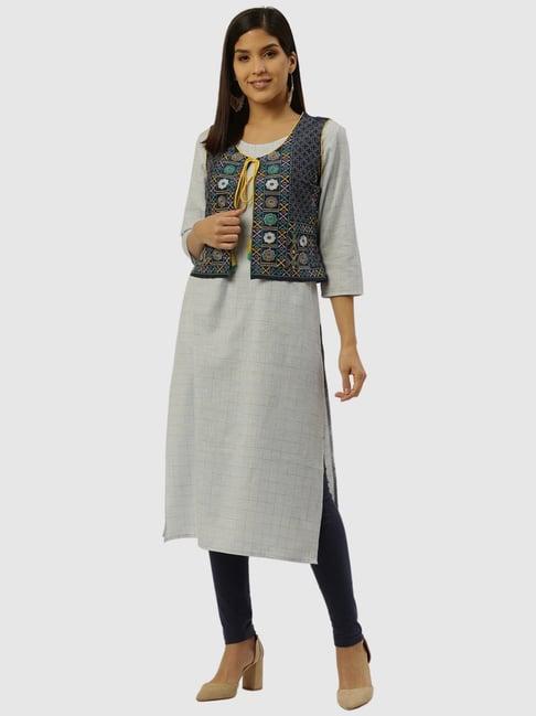 rangmayee sky blue cotton straight kurta with jacket