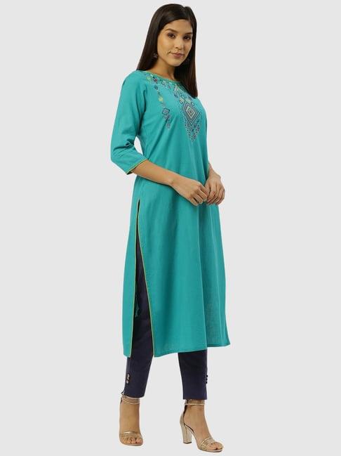 rangmayee turquoise & navy cotton embroidered kurta pant set