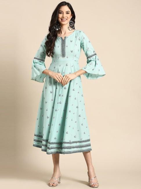 rangmayee turquoise cotton printed a-line dress