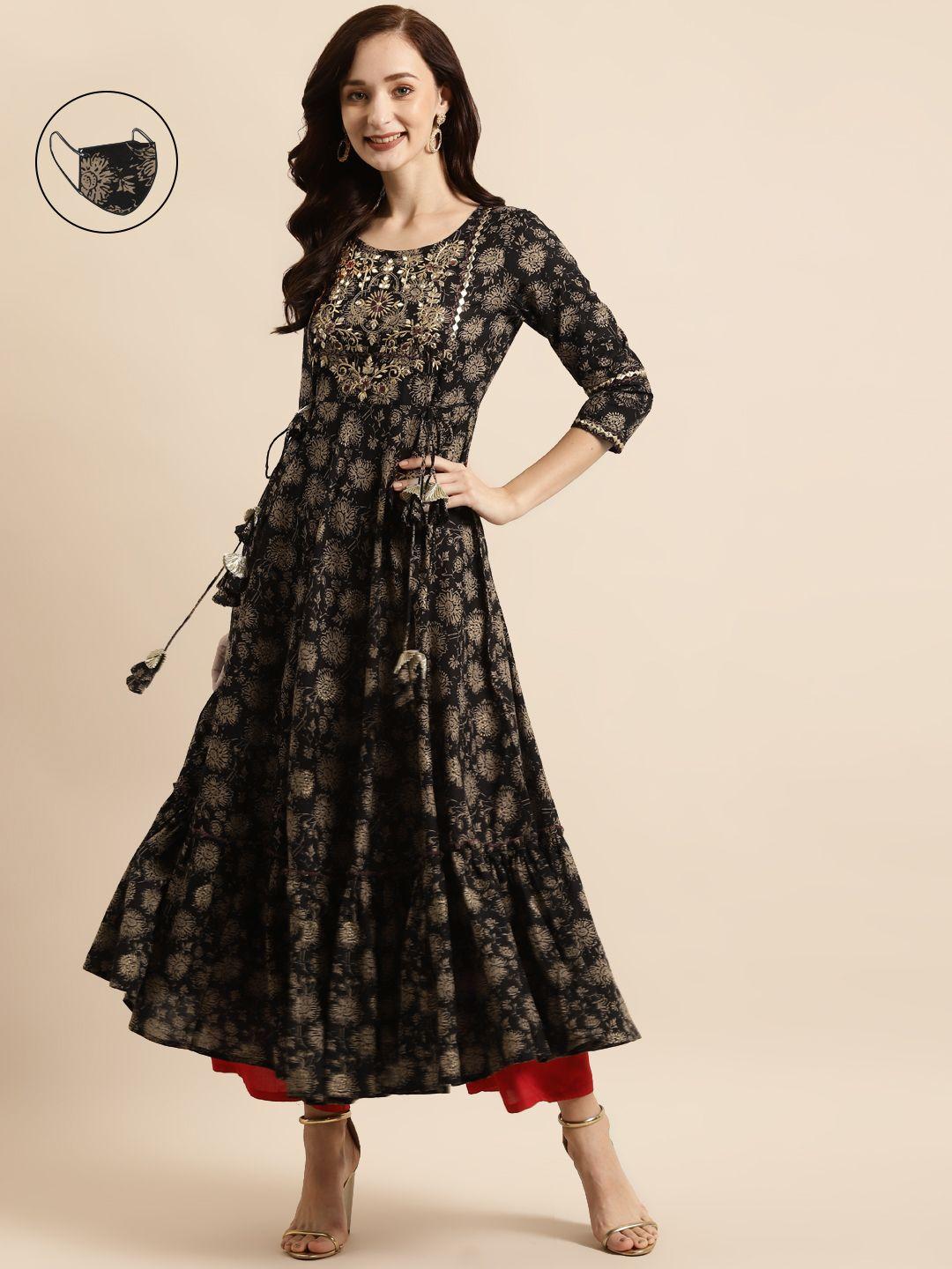 rangmayee women black & beige printed anarkali kurta