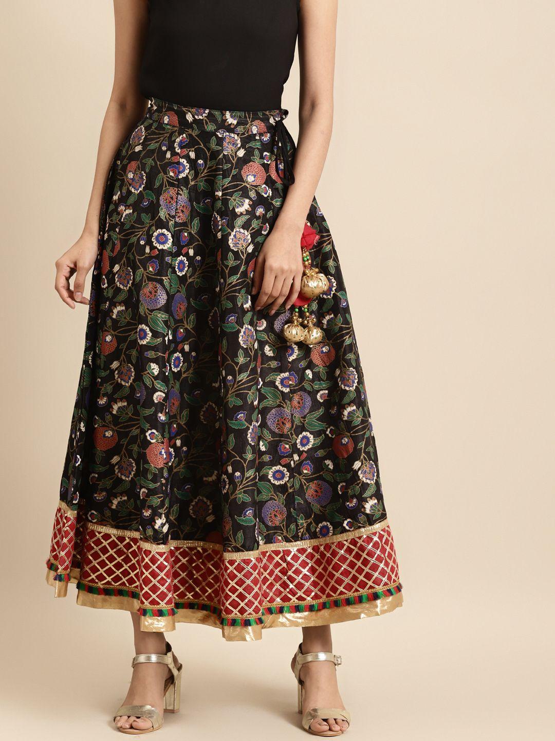 rangmayee women black & golden foil printed flared maxi skirt