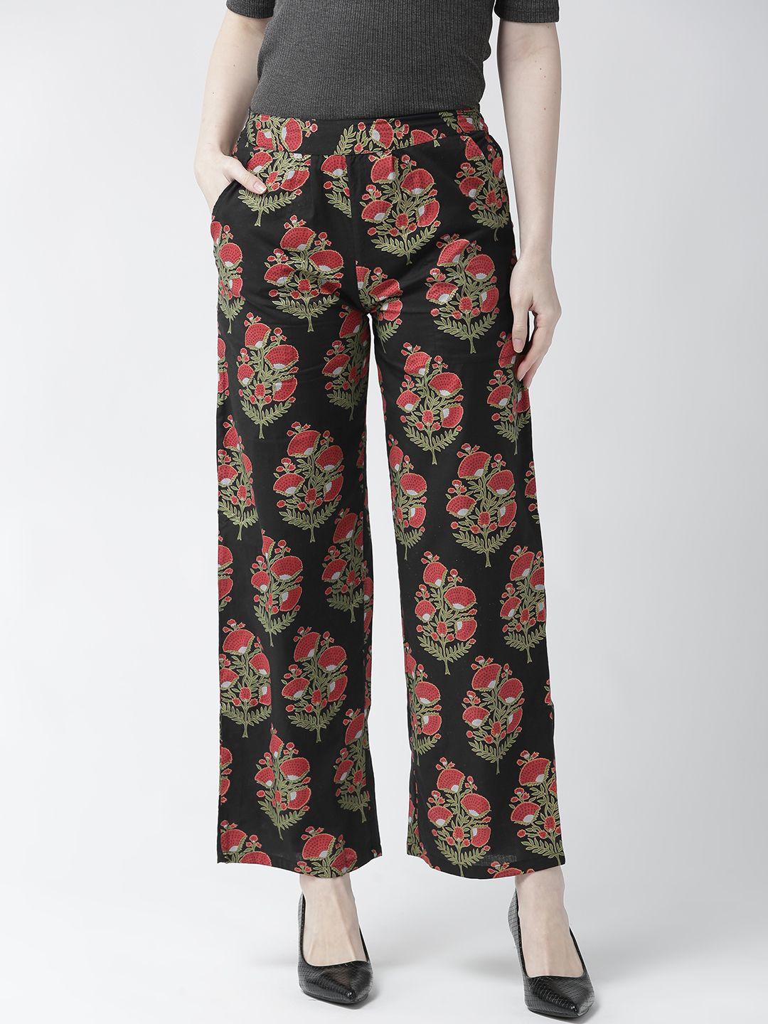 rangmayee women black & red printed cotton straight palazzos