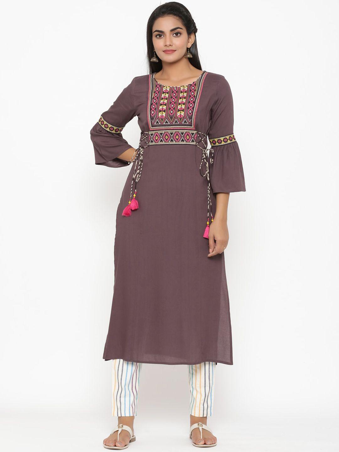 rangmayee women brown & white yoke design kurta with trousers