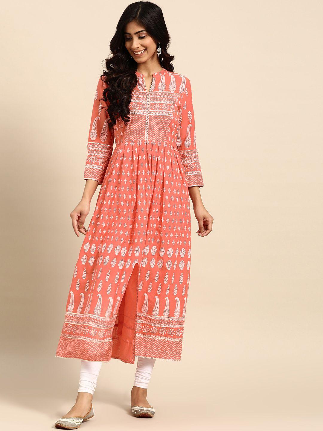rangmayee women coral pink & white printed pure cotton front slit anarkali kurta