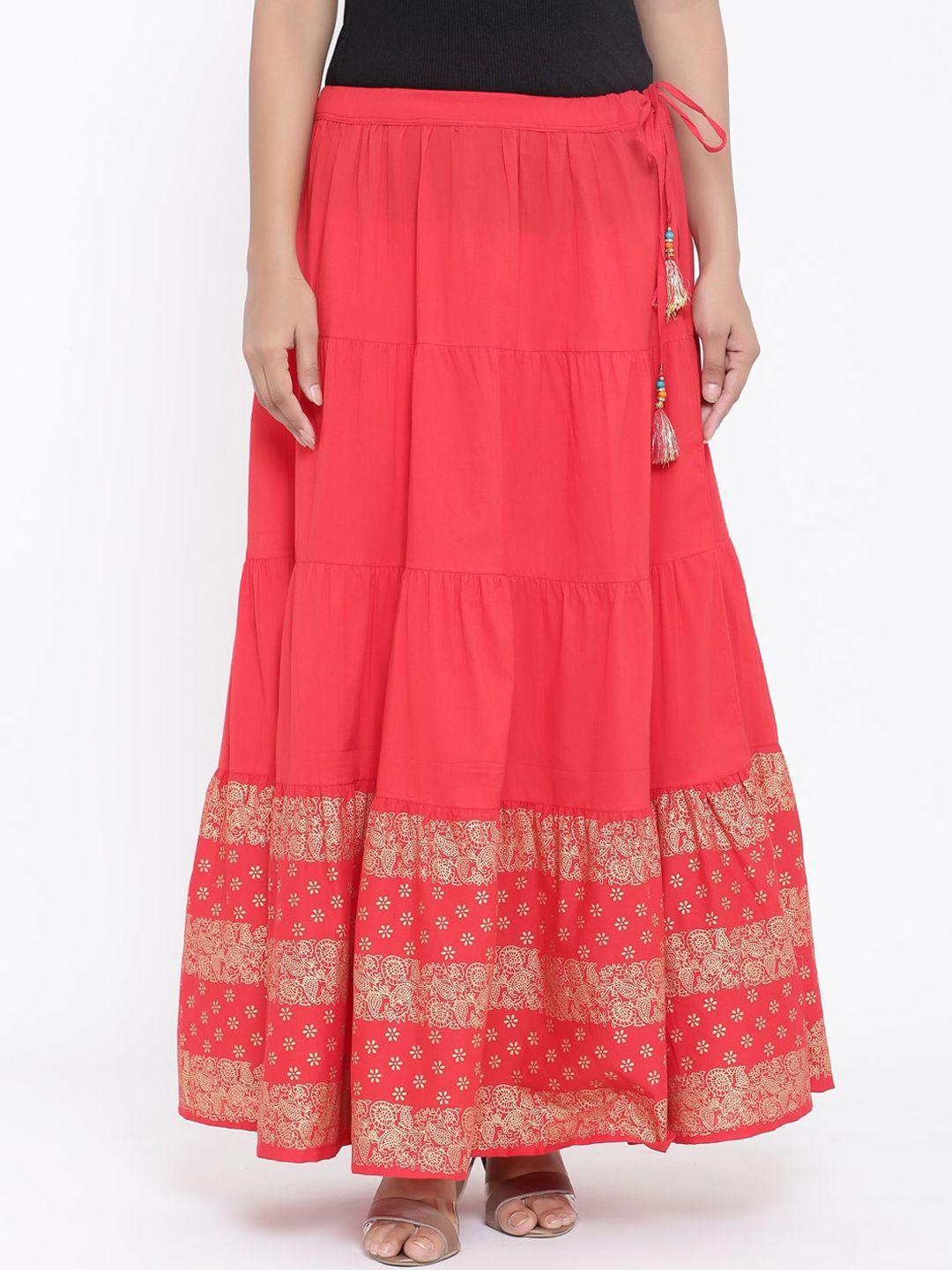 rangmayee women coral red & gold printed tiered maxi skirt