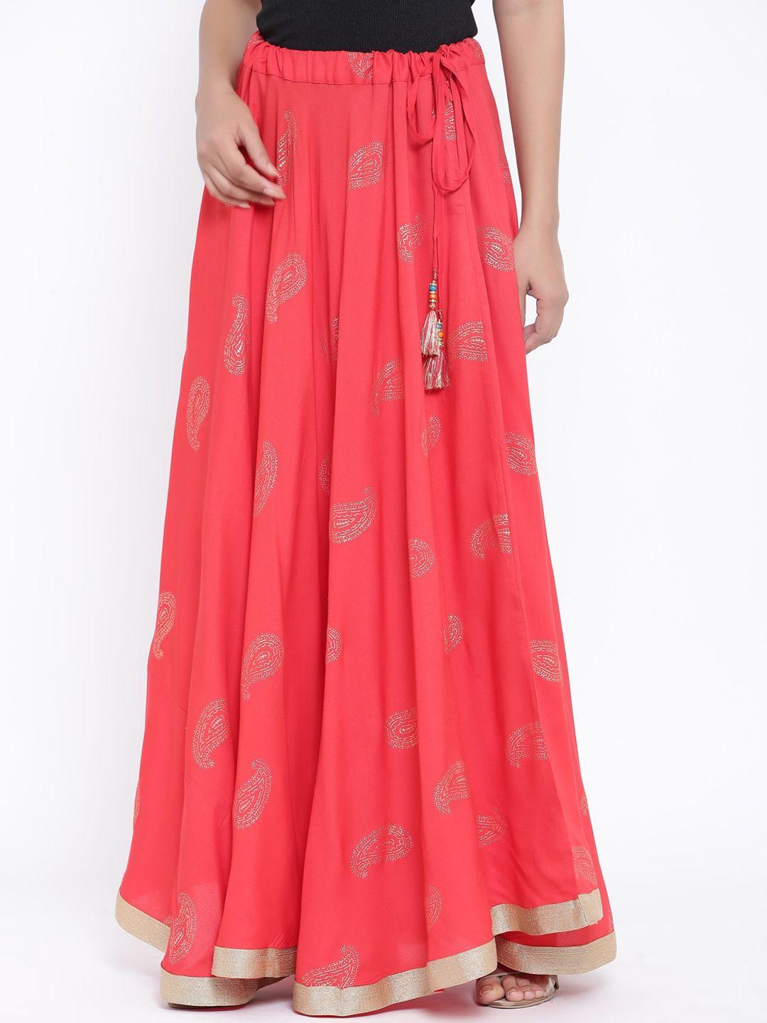 rangmayee women coral red printed maxi flared skirt