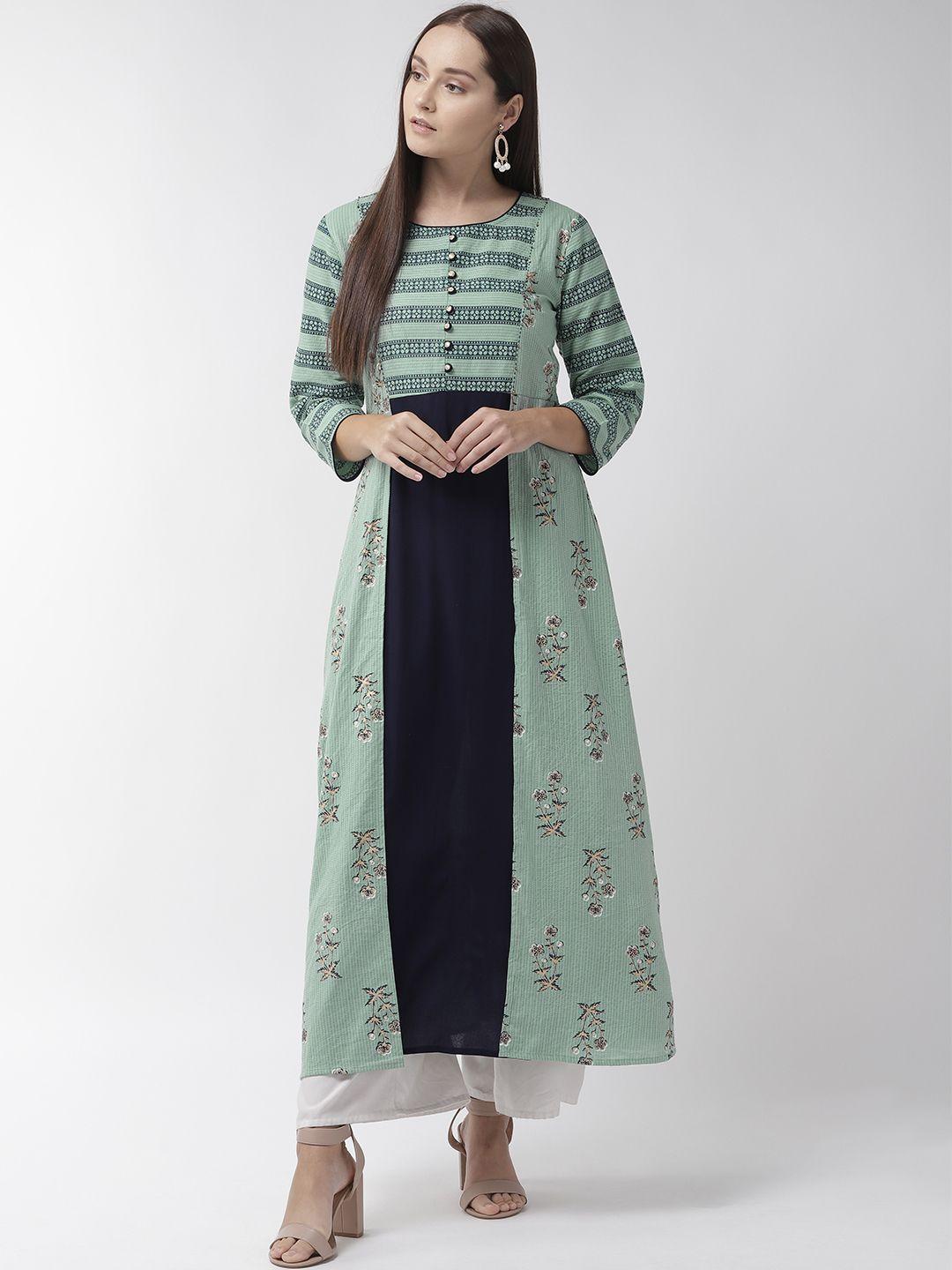 rangmayee women green & navy blue floral printed layered a-line kurta