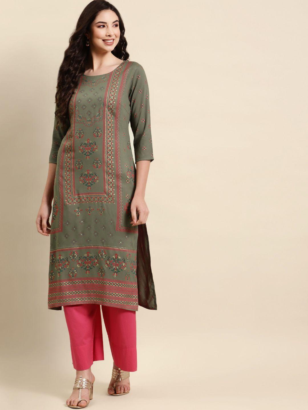 rangmayee women green & pink ethnic motifs printed kurta