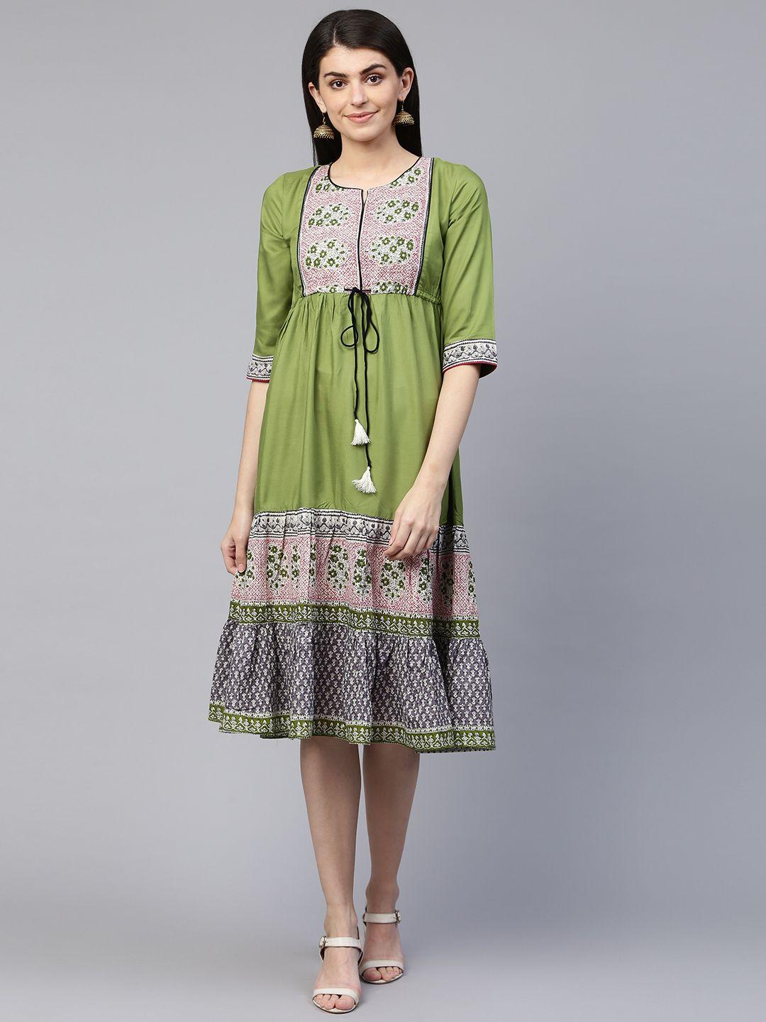 rangmayee women green & pink printed empire dress