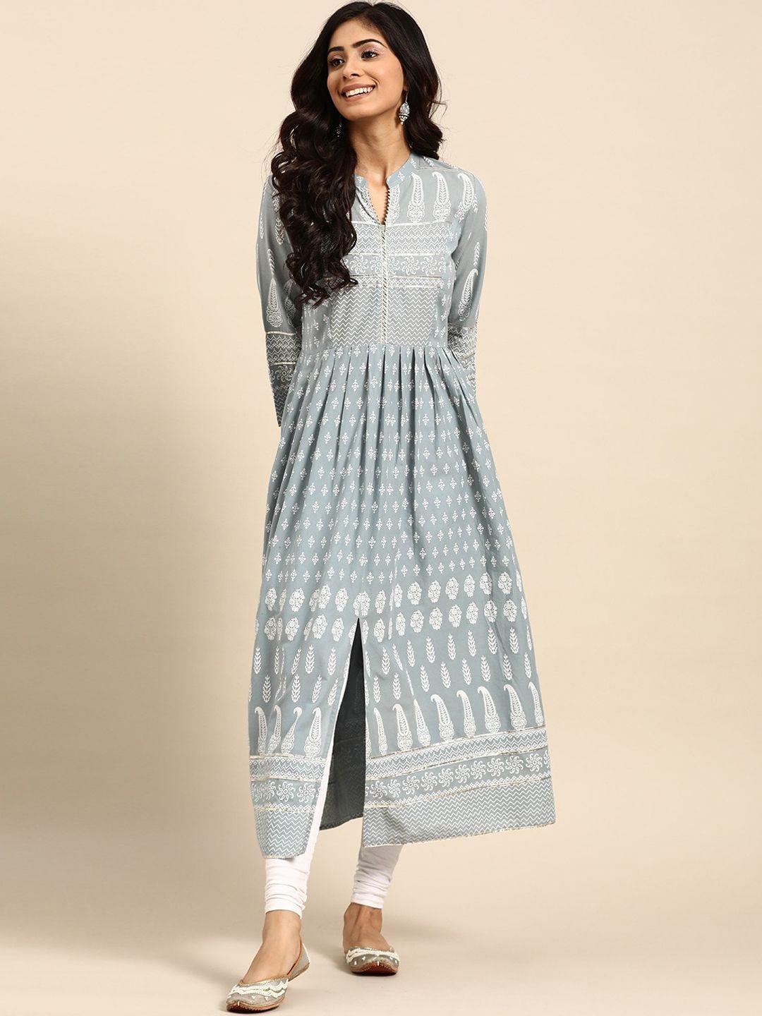 rangmayee women grey ethnic motifs printed cotton anarkali kurta