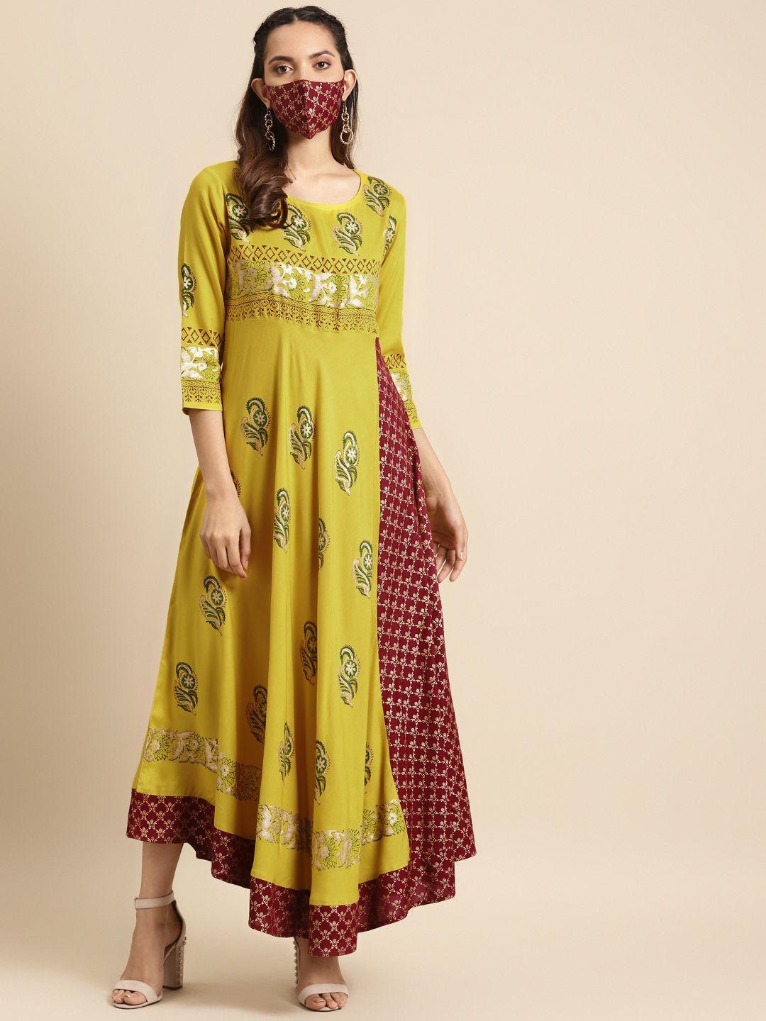 rangmayee women mustard yellow & maroon  printed maxi dress