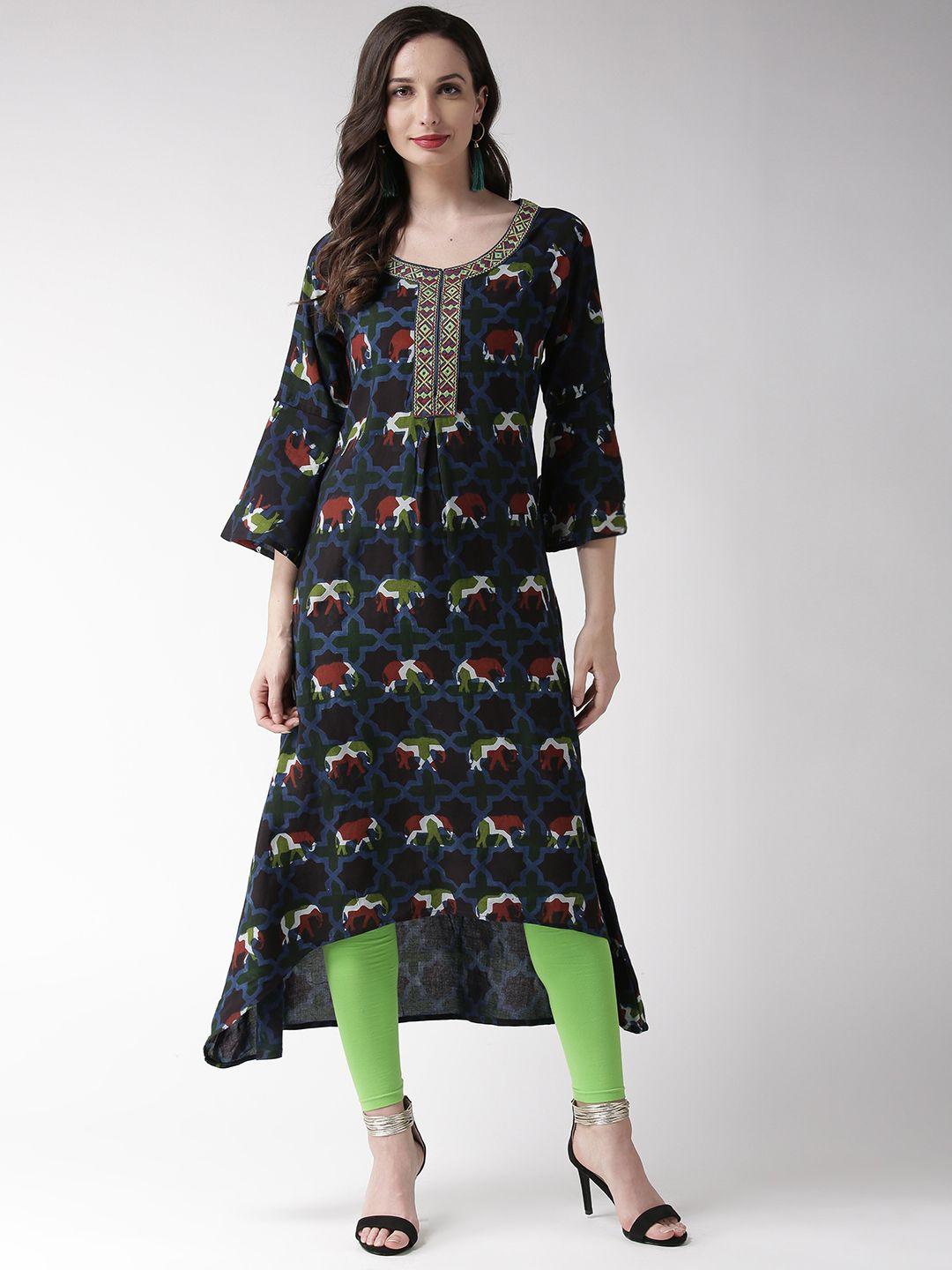 rangmayee women navy blue & maroon elephant printed a-line kurta