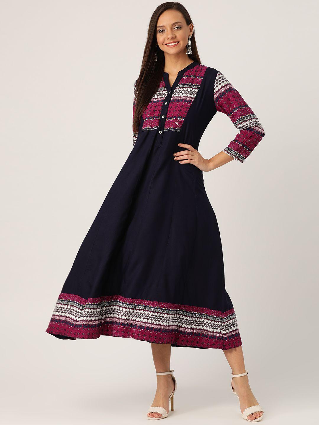 rangmayee women navy blue & pink printed a-line dress