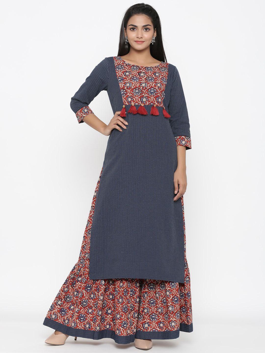 rangmayee women navy blue & red printed kurta with sharara