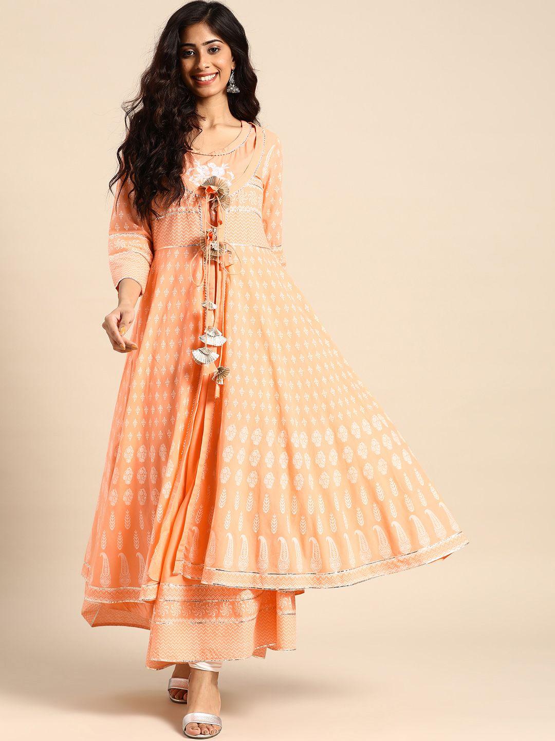rangmayee women peach-coloured embroidered a-line kurta with printed ethnic jacket