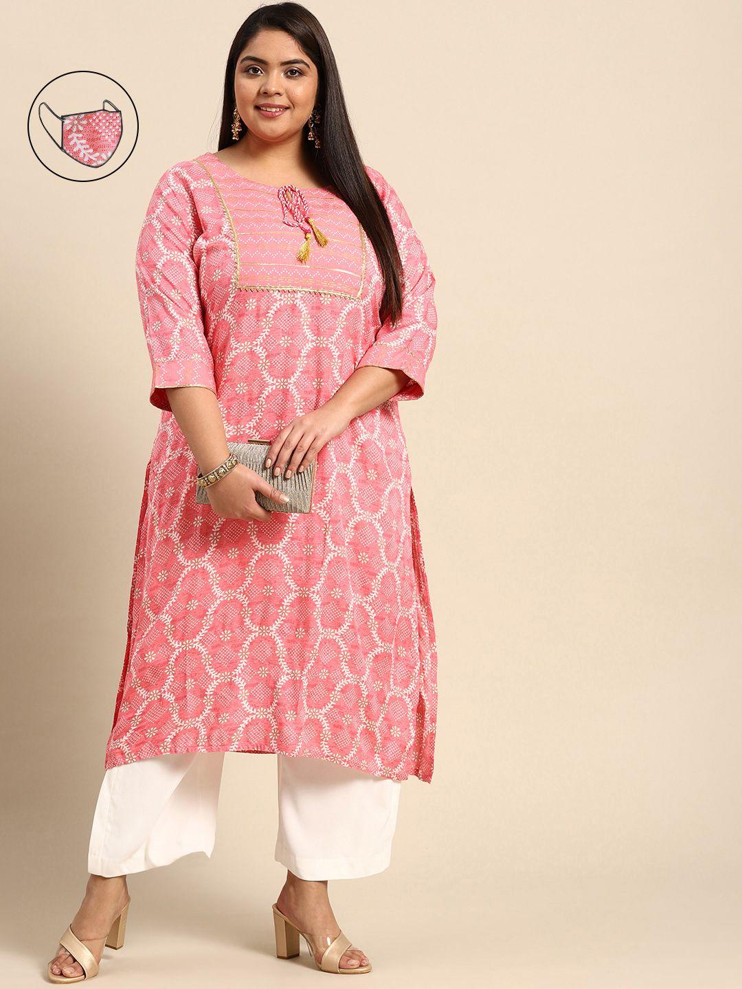 rangmayee women pink & white printed gotta patti liva kurta with mask