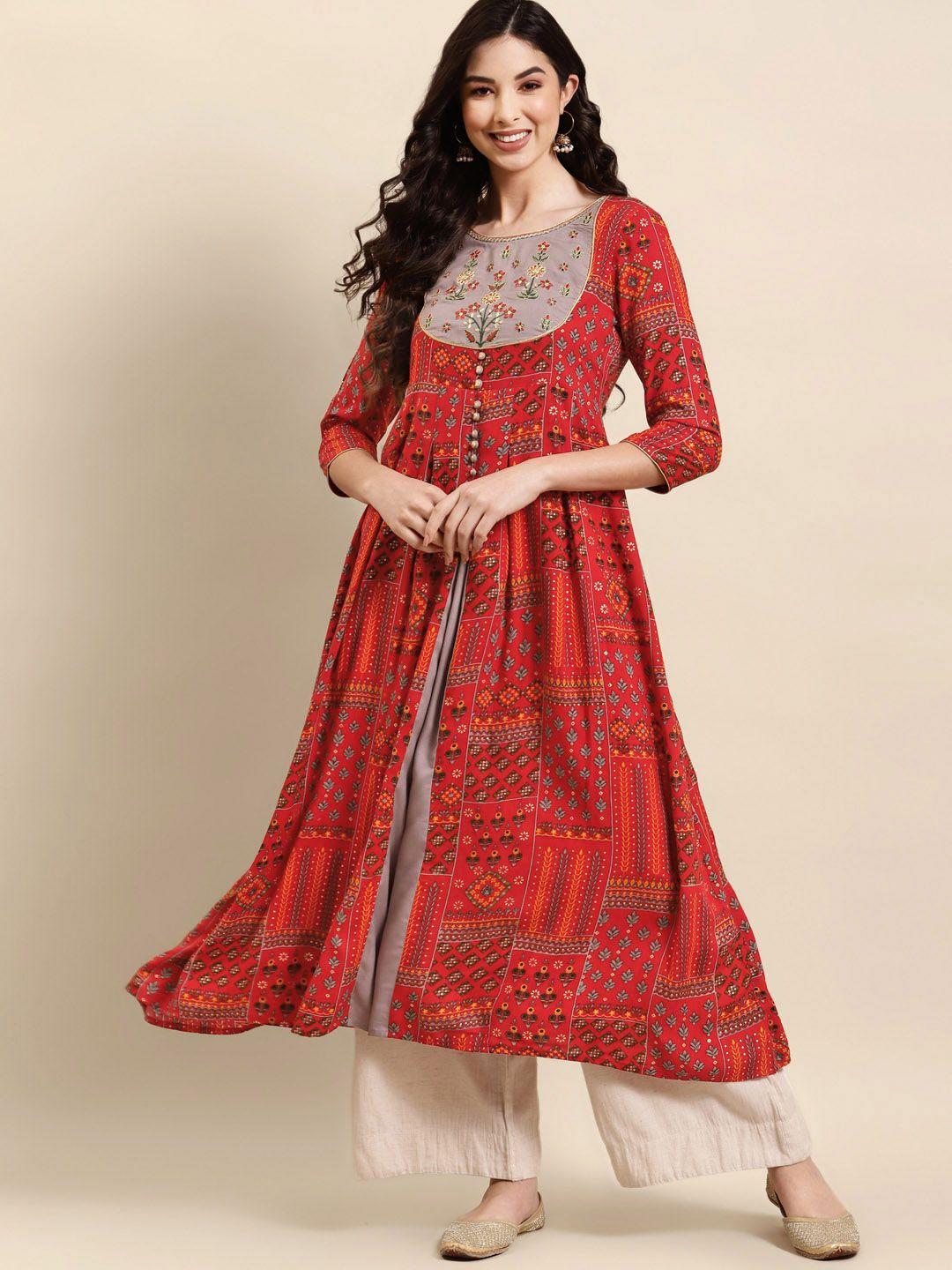 rangmayee women red & grey floral yoke design floral kurta