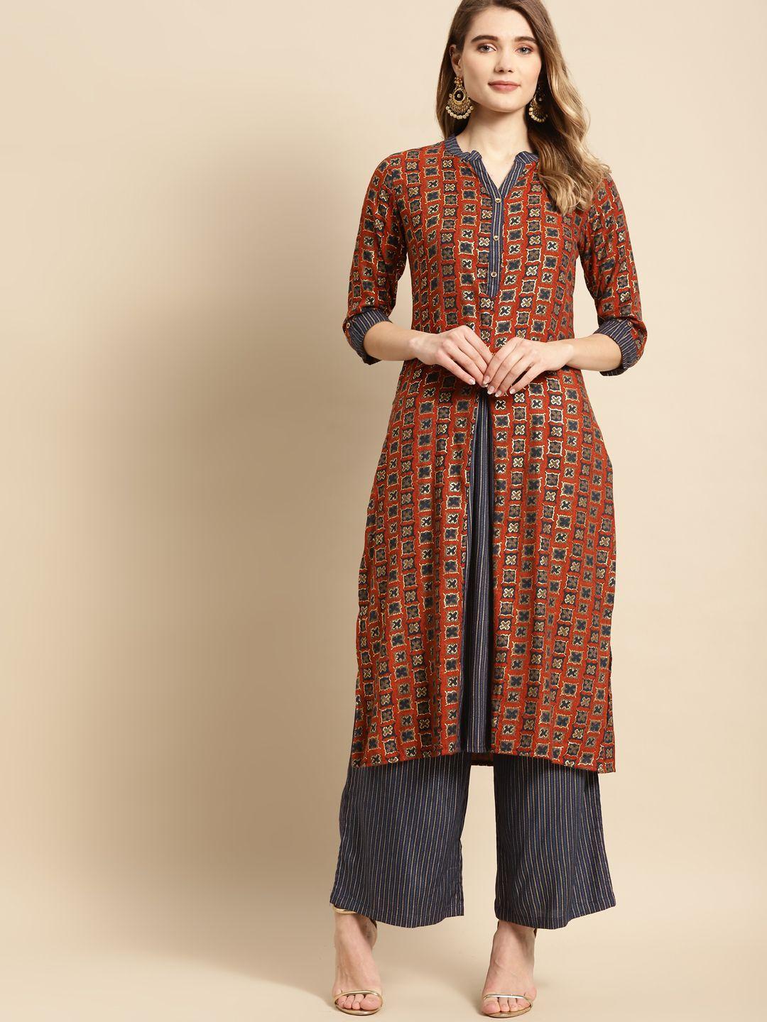 rangmayee women rust ethnic motifs printed liva kurta with palazzos