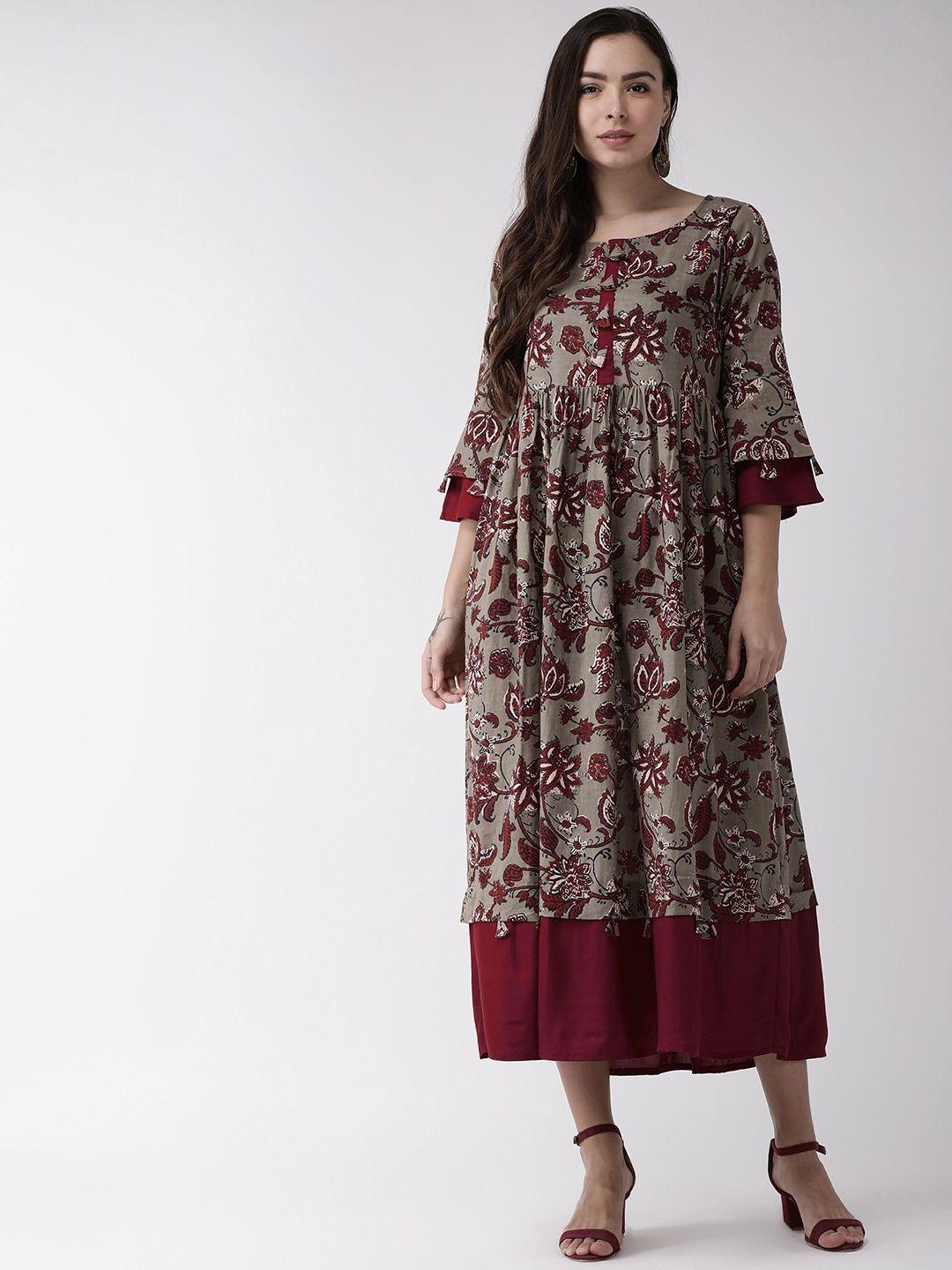 rangmayee women taupe & maroon printed maxi dress