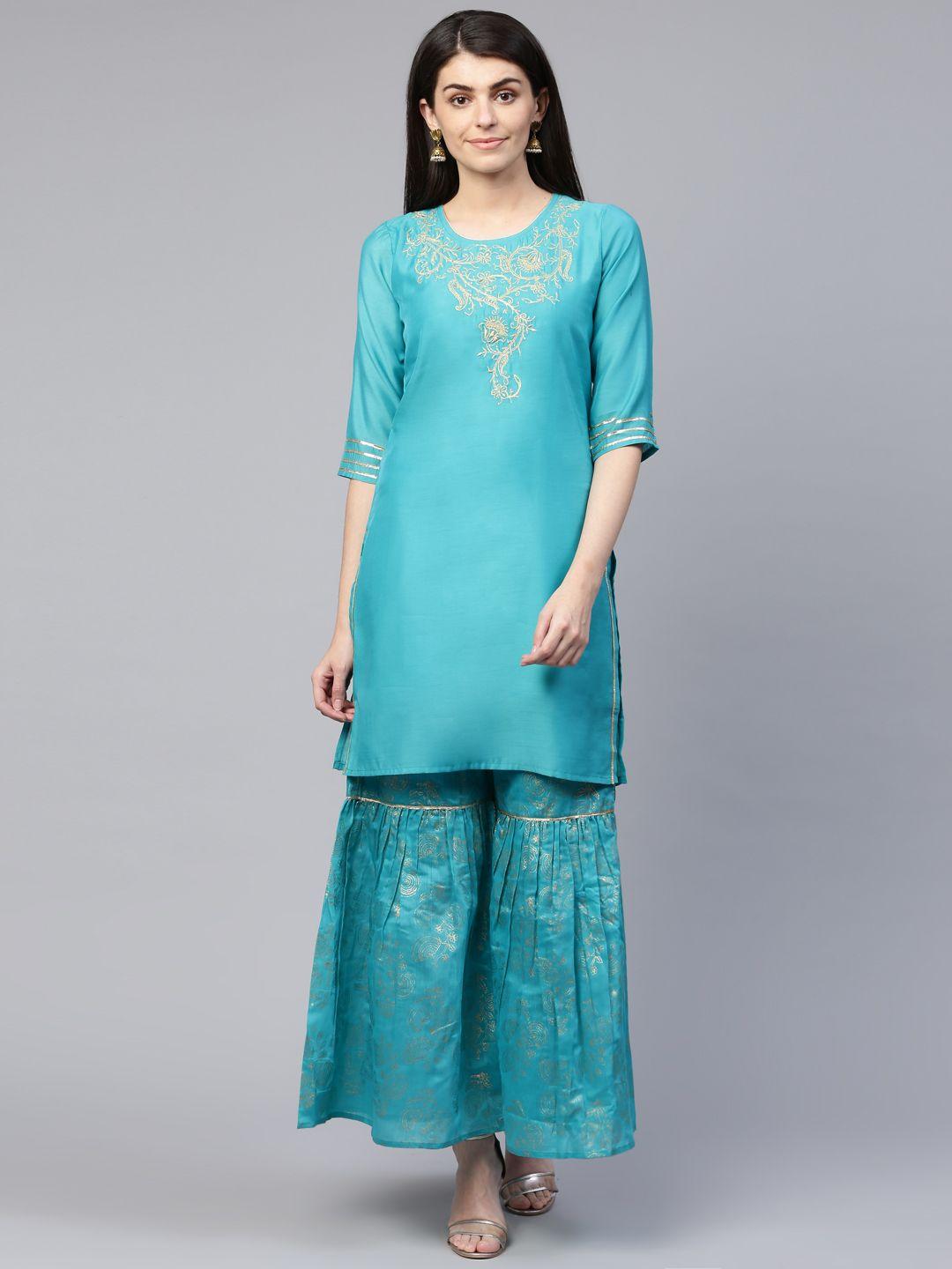 rangmayee women turquoise blue & golden yoke design kurta with sharara