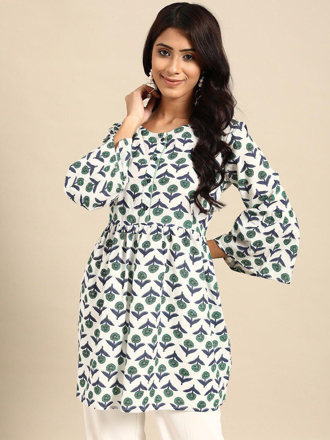 rangmayee women white & green printed pure cotton a-line kurti