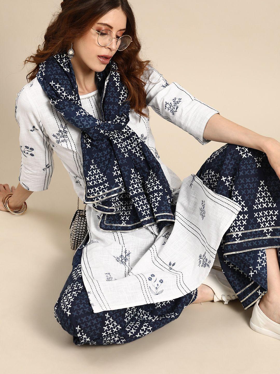 rangmayee women white & navy blue embroidered kurta with printed sharara & dupatta