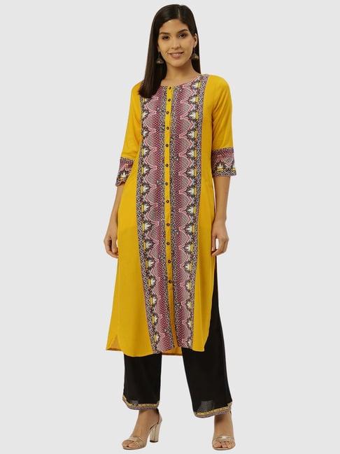 rangmayee yellow & brown printed kurta pant set