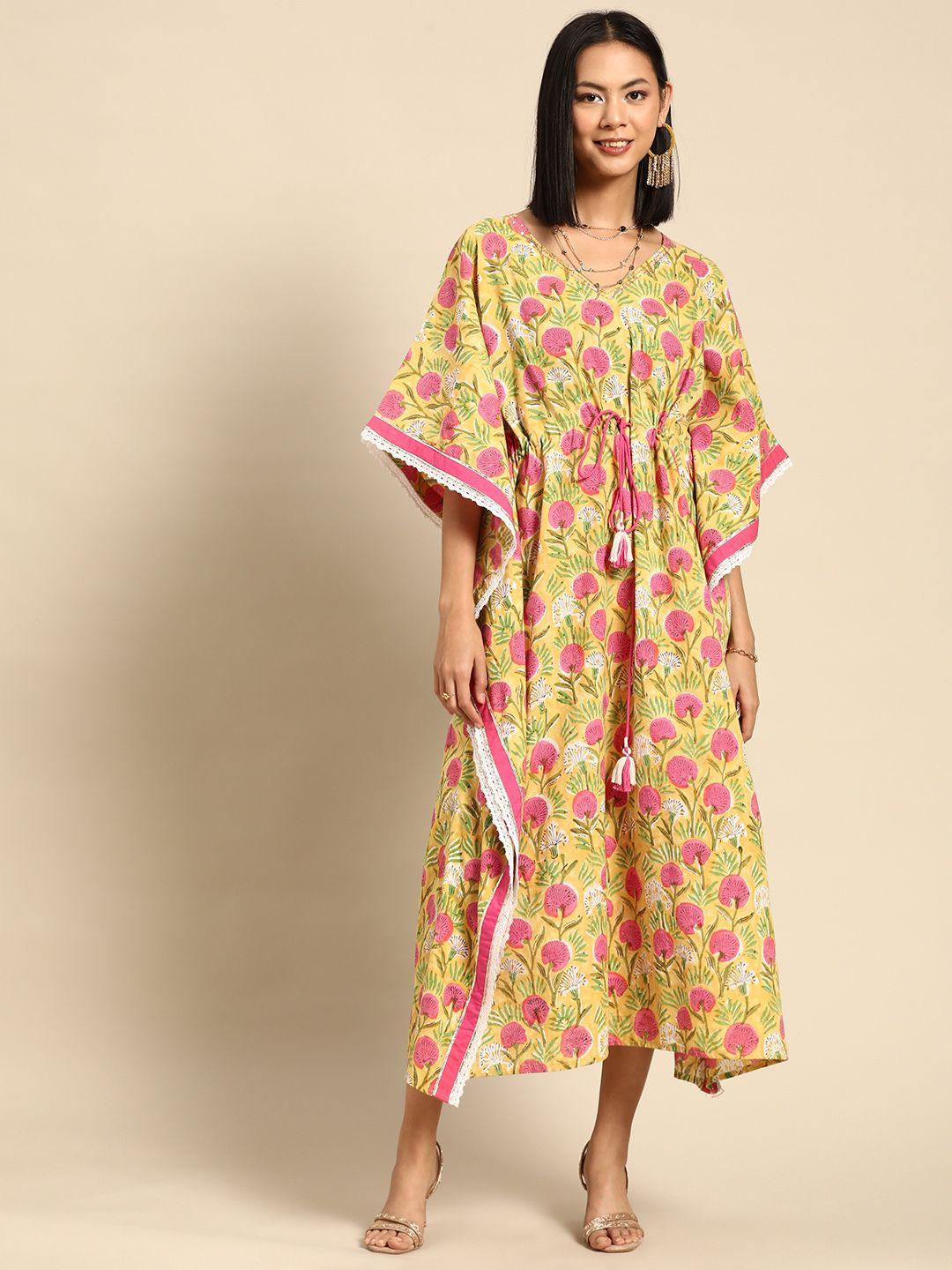 rangmayee yellow & pink floral ethnic kaftan midi dress