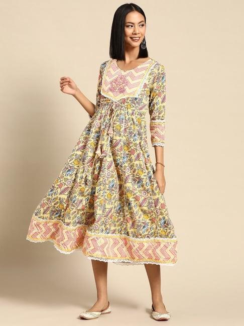 rangmayee yellow cotton floral print a-line dress