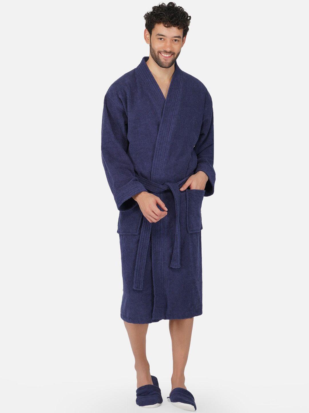 rangoli unisex navy blue pure cotton 400 gsm large bath robe with slippers