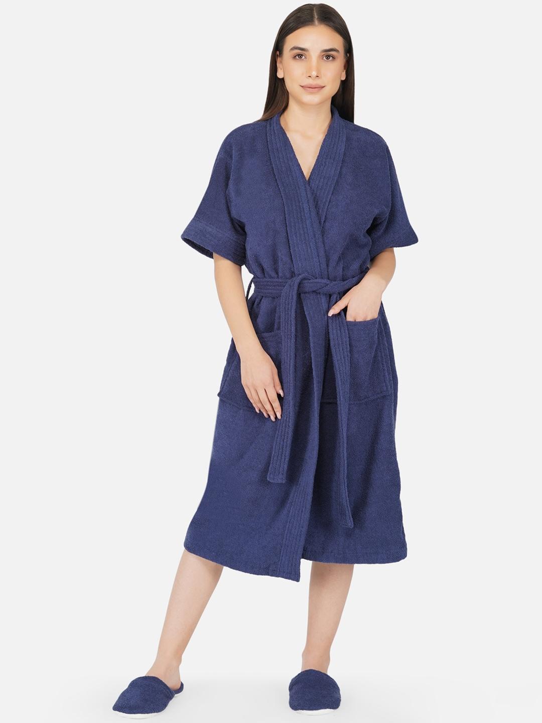 rangoli women navy blue pure cotton 400 gsm bathrobe with room slippers